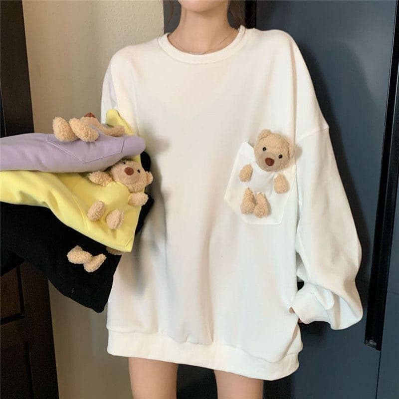 Korean style women's spring and autumn new thin loose pocket bear personalized long-sleeved sweatshirt top for women.