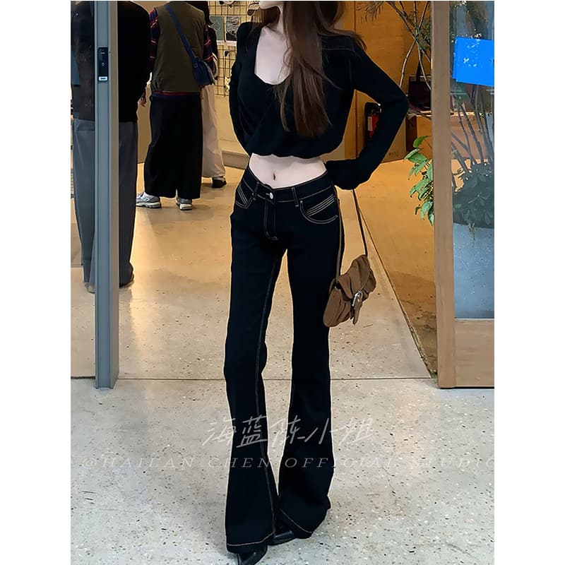 American Hot Girl Low Waist Slightly Boot Jeans Women's Spring and Autumn New Design Slim Fit Versatile Flared Trousers