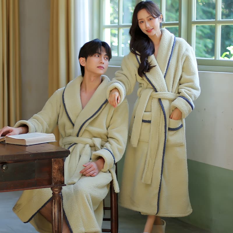 Autumn/Winter Couple Robe, Women's Thickened Flannel Bathrobe, Men's Coral Fleece Warm Sleepwear Home Clothes