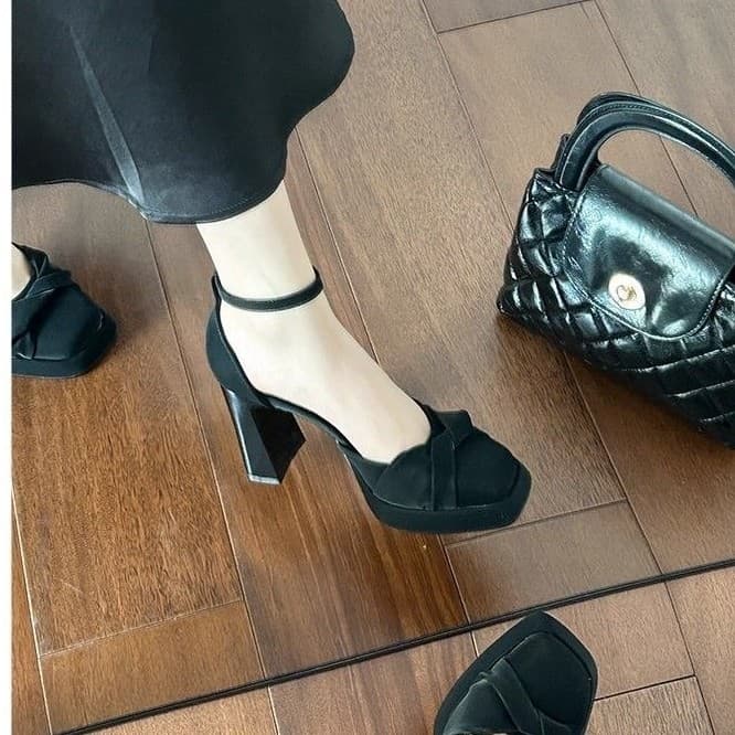 2026 New French Elegant High Heels for Women Summer Hollow One-Strap Closed-Toe Chunky Heel Mary Jane Shoes