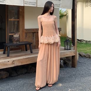 Women's Set: Lace Trim Smocked Camisole Top + Loose Pleated Harem Pants, Casual Two-Piece Outfit