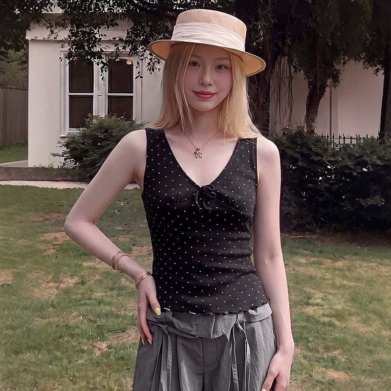 Korean-Style Polka Dot Tie V-Neck Camisole for Women, Summer Outerwear, Slim-Fit Elastic Sleeveless Top