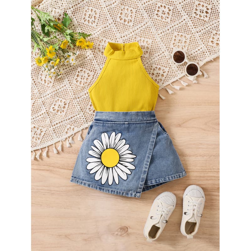 Cross-Border Summer Solid Color Ribbed Sleeveless Top for Girls with Cowboy Sunflower Print Irregular Shorts 2-Piece Set
