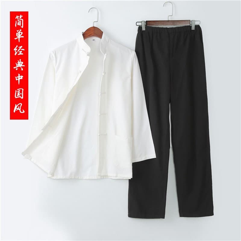 Men's Tang-style long-sleeved suit, pure cotton coarse cloth, Tai Chi uniform, Hanfu, frog buttons, plus size father's outfit, lay Buddhist attire, Chinese style.