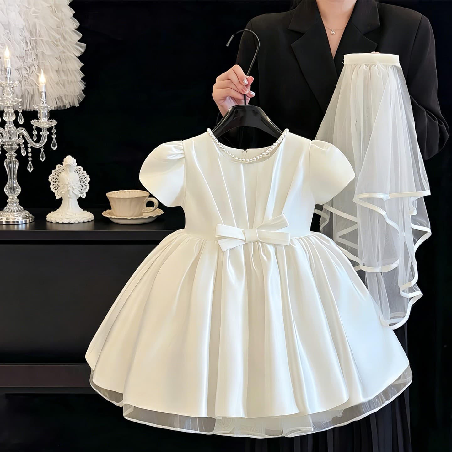 Girls' Dress, White Birthday Dress, Baby Girl Flower Girl Short Princess Dress, Children's Piano Performance Dress