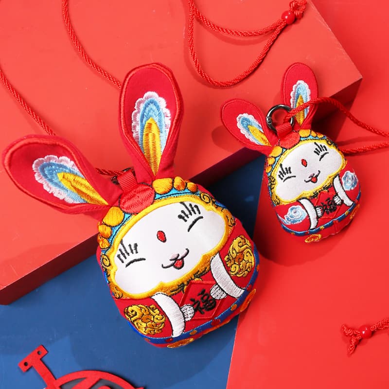 Embroidered Lord Rabbit Finished Product Year of the Rabbit New Year Scenic Spot Tourism Souvenir Gift Business Companion Cloth Car Hanger Bag Charm