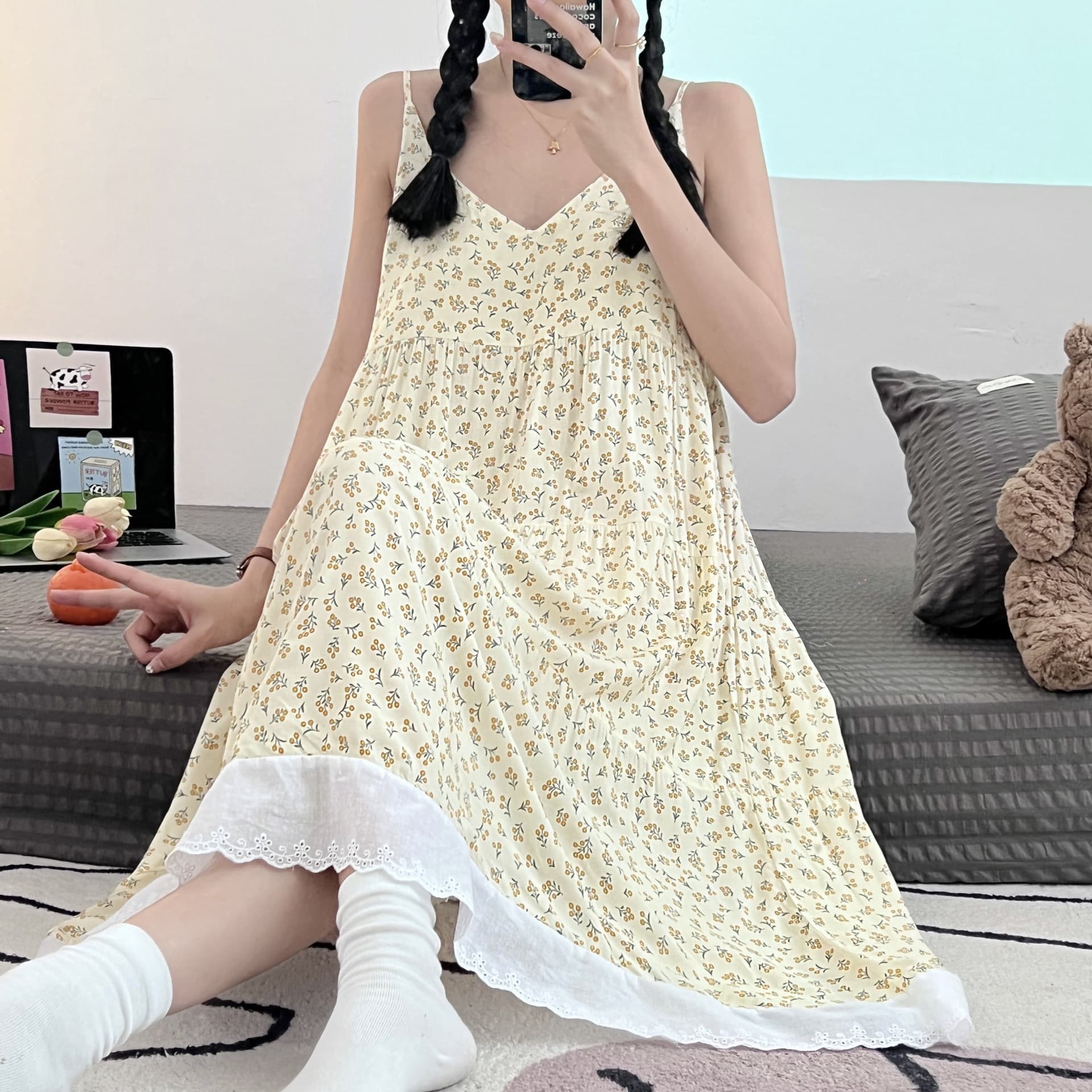 Women's Soft Rayon Sleep Dress Summer Thin Sexy Camisole Nightgown Japanese Palace Style Pajamas Homewear