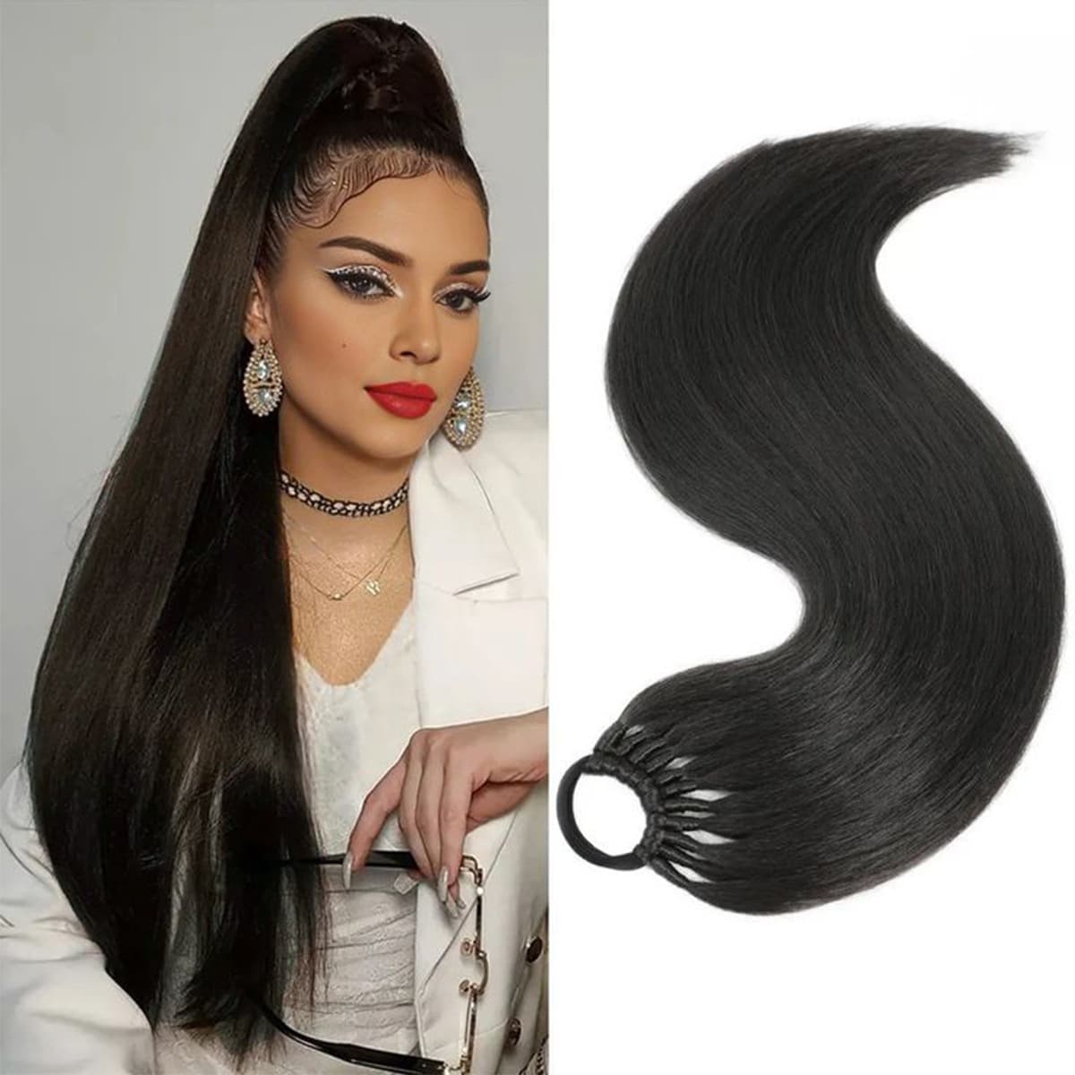 European and American cross-border ponytail for women, long straight ponytail with elastic band, high-temperature silk synthetic fiber ponytail braid