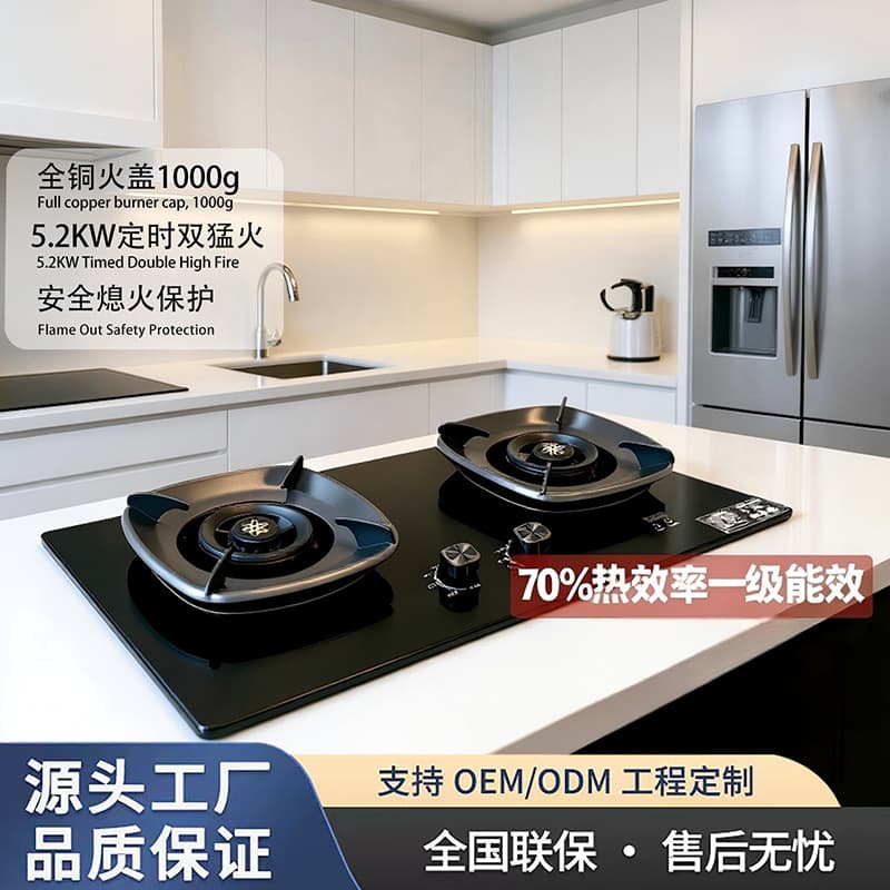 Double Stove Top Gas Range Cooker High Flame Kitchen Countertop Built-In Dual-Purpose Stainless Steel Energy Saving Home Use