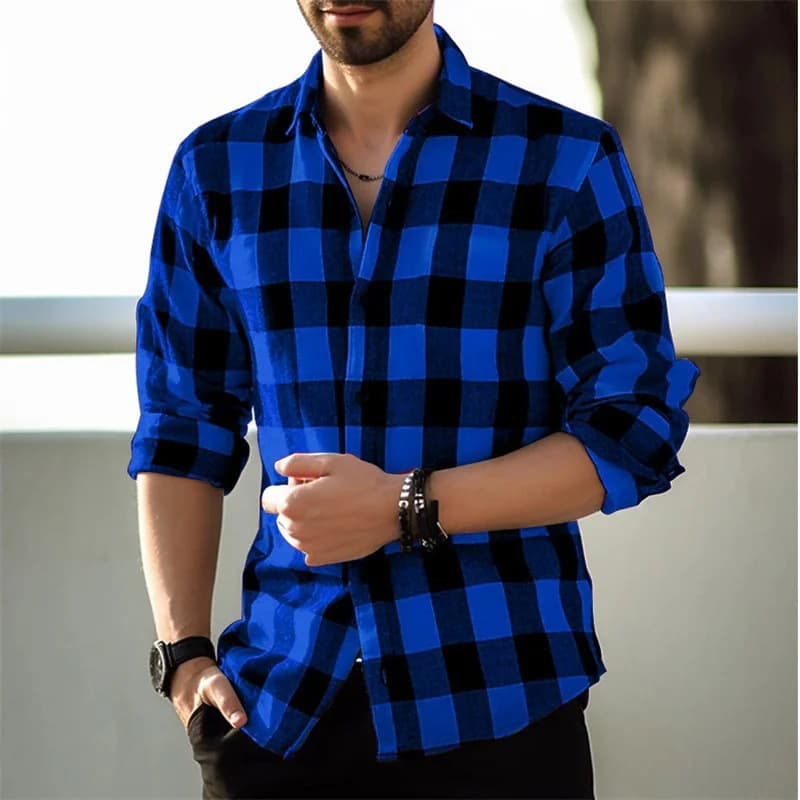 Men's Long Sleeve Shirt 3D Print Plaid Casual Comfortable Shirt for Middle-Aged and Young Men