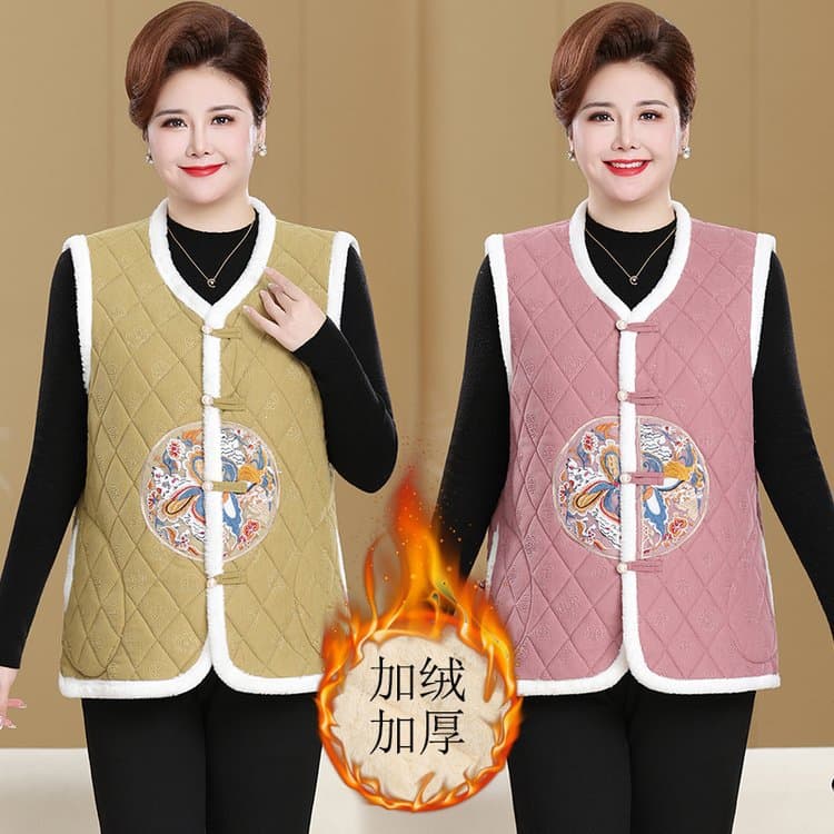 Fashionable Mom Autumn/Winter Style National Wind Fleece-Lined Thickened Vest, Middle-Aged and Elderly Women's Clothing Extra Large Size for 200 Jin Vest Jacket