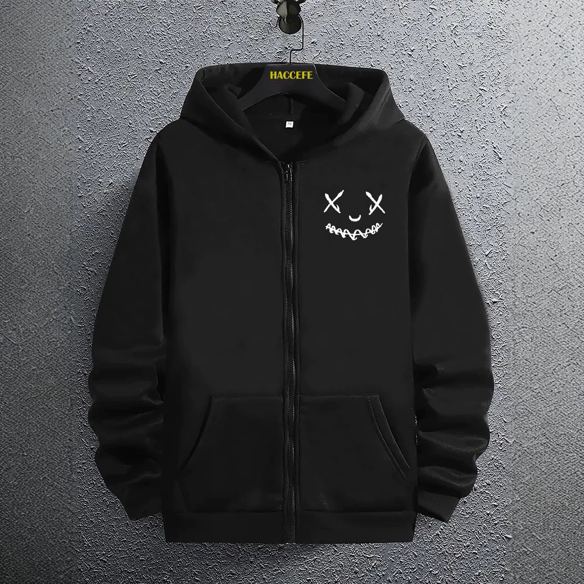 Simple Line Smiley Face Print Men's Fashion Trendy Zip-Up Hoodie, Long-Sleeve Zip Hoodie Casual Jacket Autumn/Winter Men's Wear