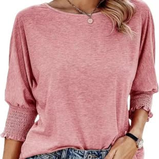 European and American Cross-Border Amazon 2024 Summer New Fashion Loose Round Neck Smocked Sleeve Long Length Plus Size T-Shirt Women