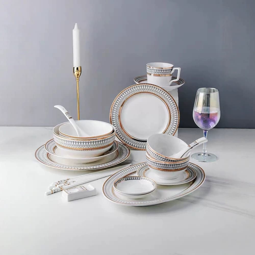Nordic Gold-Rimmed Ceramic Dinner Plate Set for Western Cuisine, Steak, Soup, Flat Plate, Cake Dessert Stand