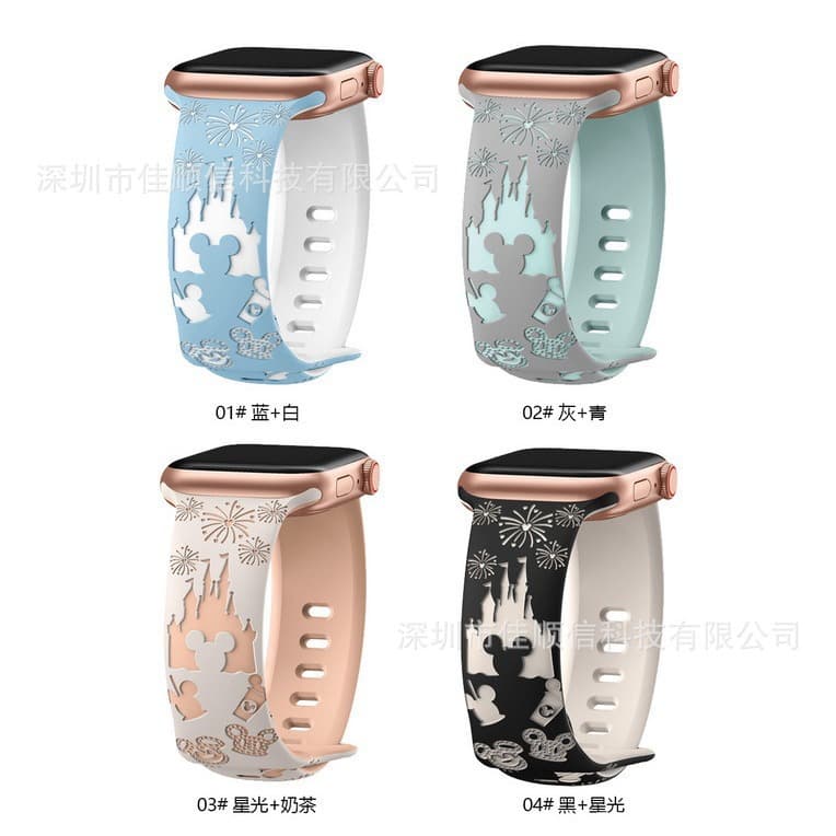 Suitable for Apple watch silicone strap two-color laser engraving strap cartoon Mickey Castle printed strap