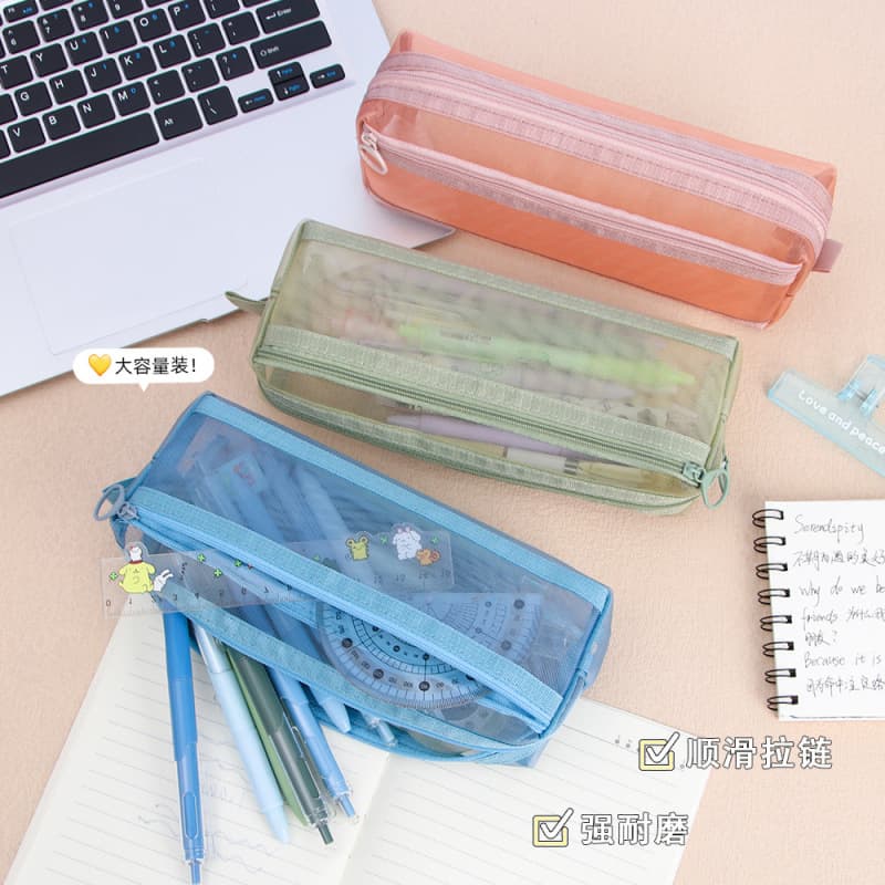 Student Exam Zipper Large-Capacity Pencil Bag Pencil Case Wholesale Creative Mesh Transparent Pencil Pouch Rectangular