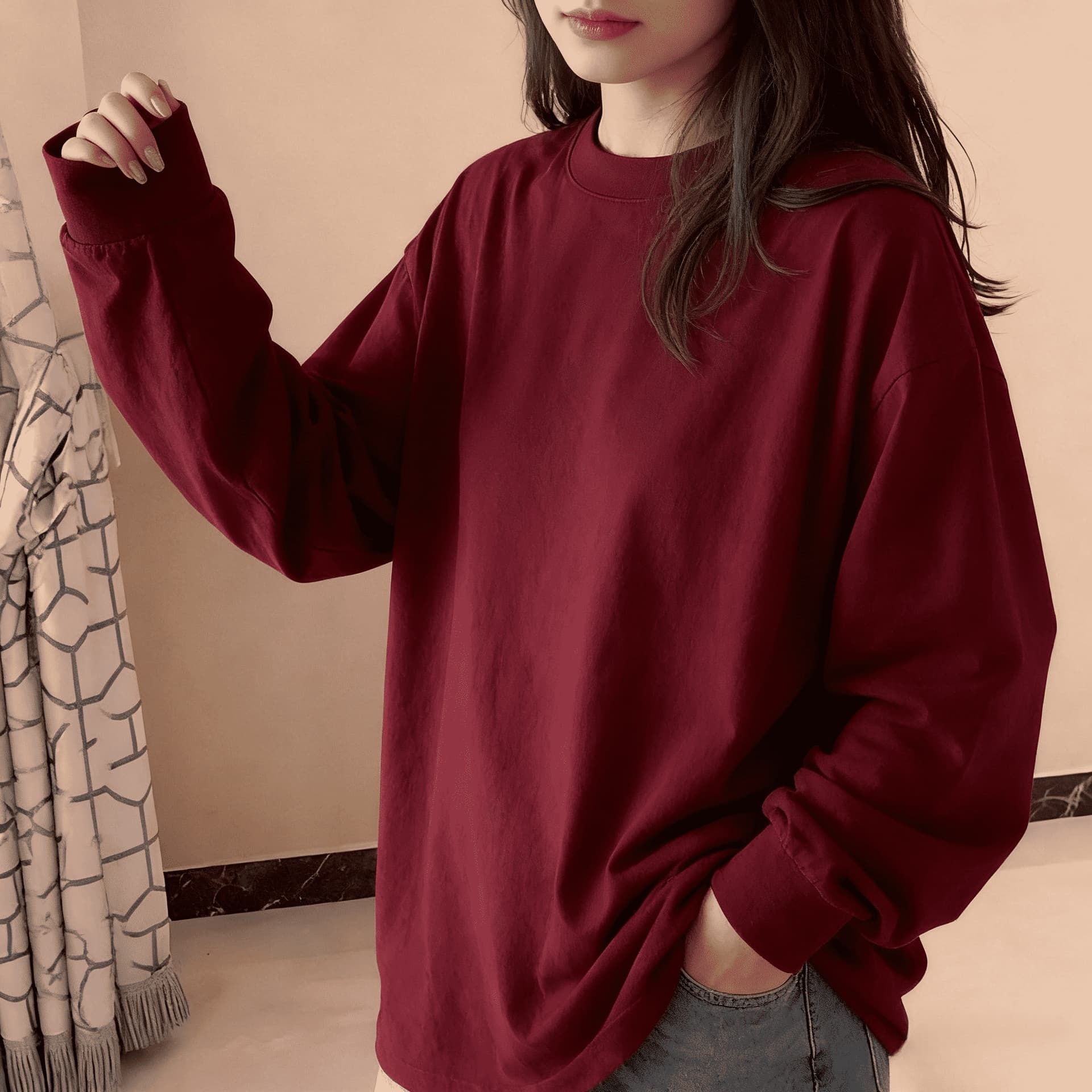 400g heavyweight pure cotton long-sleeved inner T-shirt men's loose round neck threaded cuffs multi-color versatile bottoming tee shirt for women