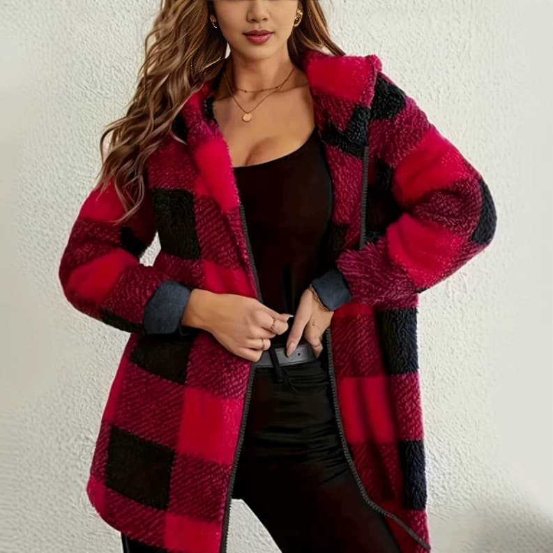 Cross-border women's plush winter jacket - Elegant red and black plaid hooded jacket, machine washable for autumn and winter