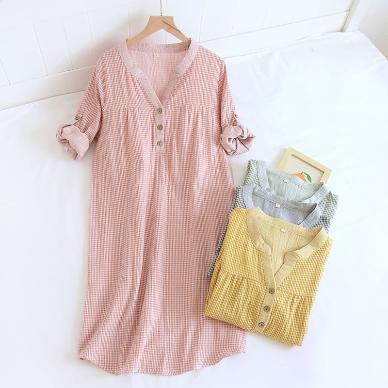 Cotton yarn-dyed small check crepe nightgown long sleeve spring autumn thin sleeve can be rolled up V-neck home dress can be worn outer.