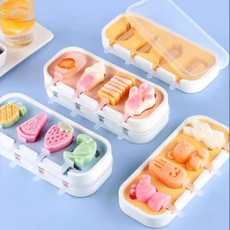 Cross-border wholesale new food-grade cartoon ice cream popsicle DIY ice cube tray with lid 4-cavity silicone ice cream mold tool
