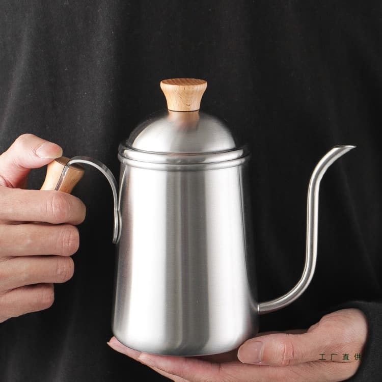 650ml 304 Stainless Steel Wooden Handle Thin-Neck Long-Spout Pour-Over Pot for Outdoor Picnic and Open Flame Heating