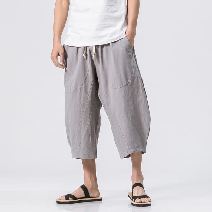 Linen Cropped Pants Men's Summer New Style Loose Solid Color Sports Casual Trousers Plus Size Chinese Style Cotton Linen Pants