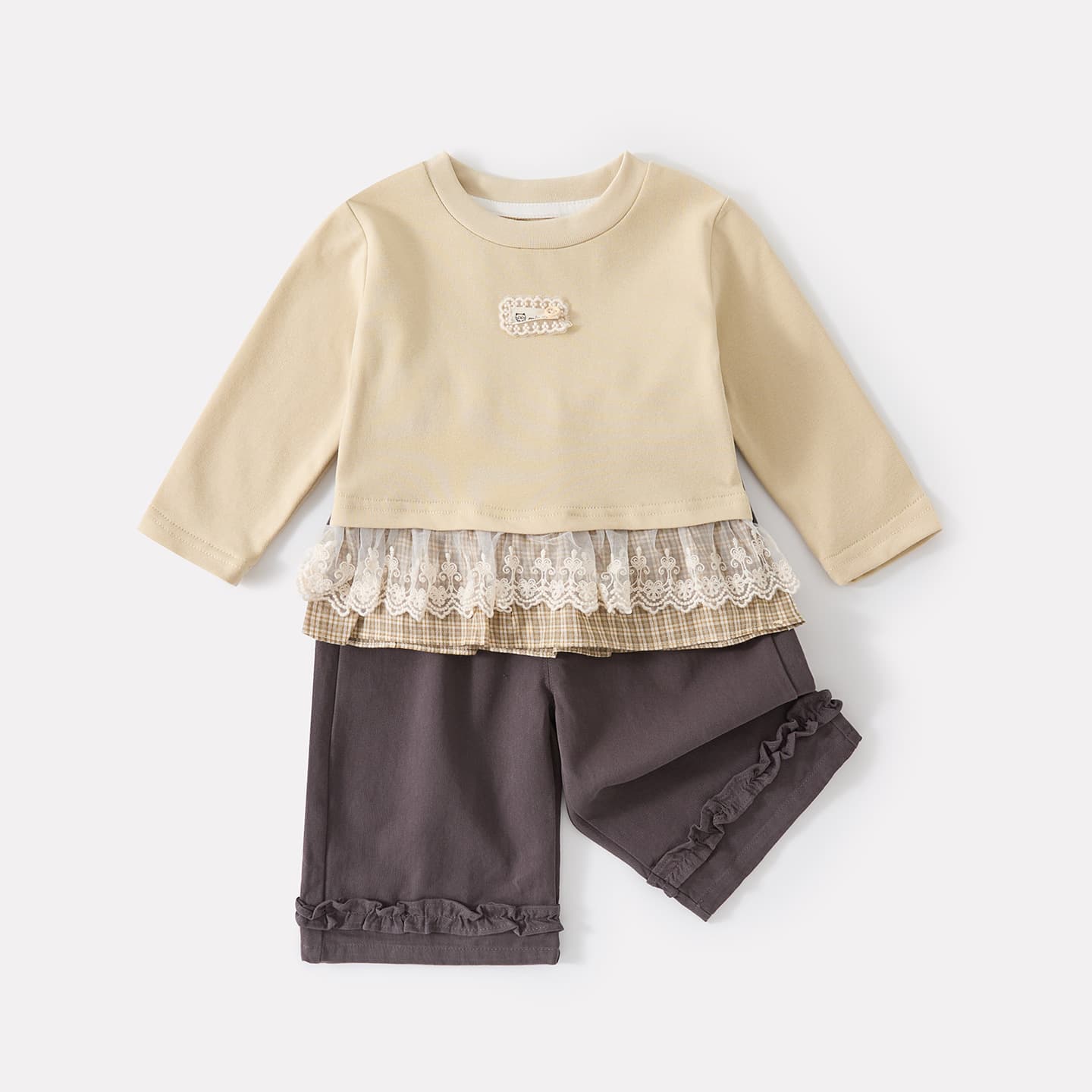 Infant and toddler splicing lace plaid fake two-piece top for baby girl autumn casual fungus-edged wide-leg pants two-piece set