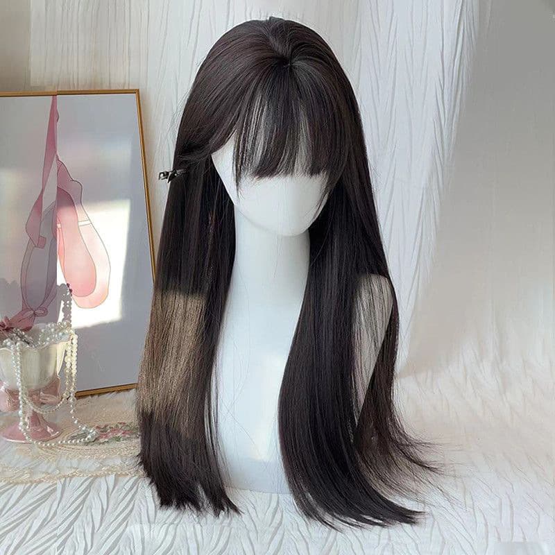 Long Straight Hair Daily Fluffy Air Bangs Full Wig Natural Girl Black Long Straight Wig Set