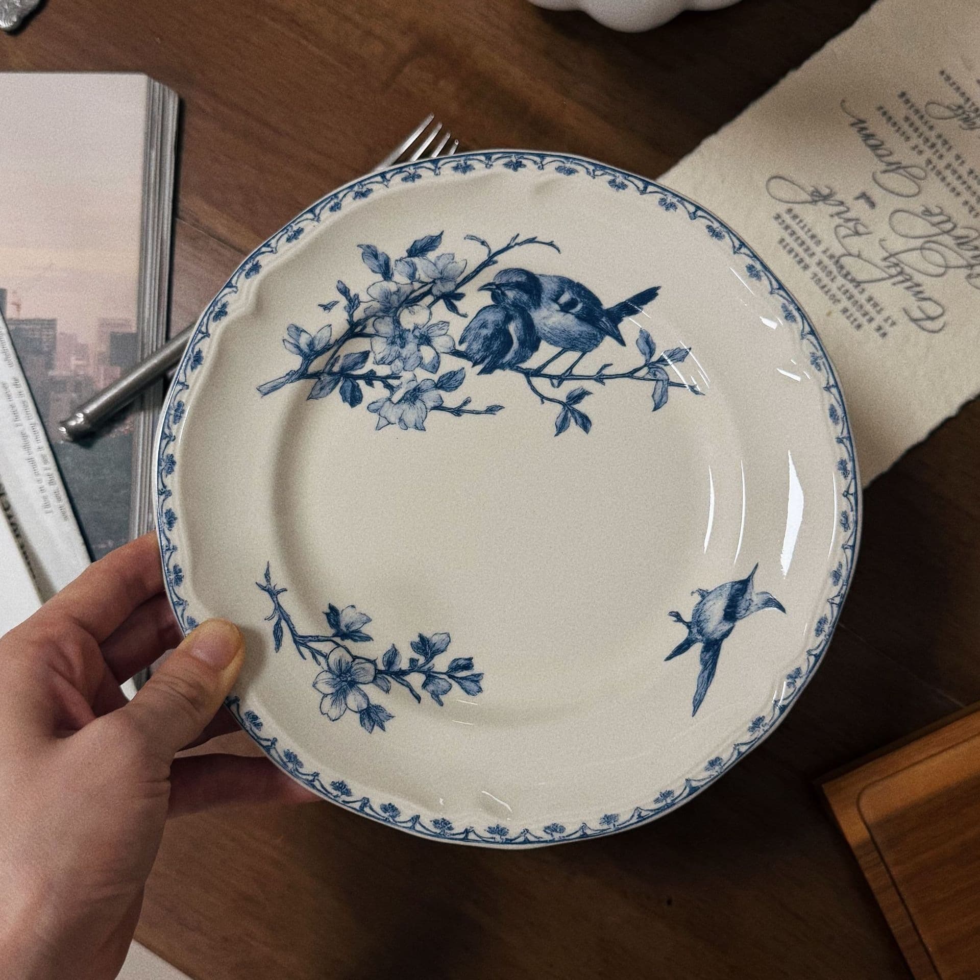 Vintage-style ceramic plate with floral and bird motif on plant-ash gray background, dessert plate, dinner plate, fruit plate, brunch plate, Western food plate