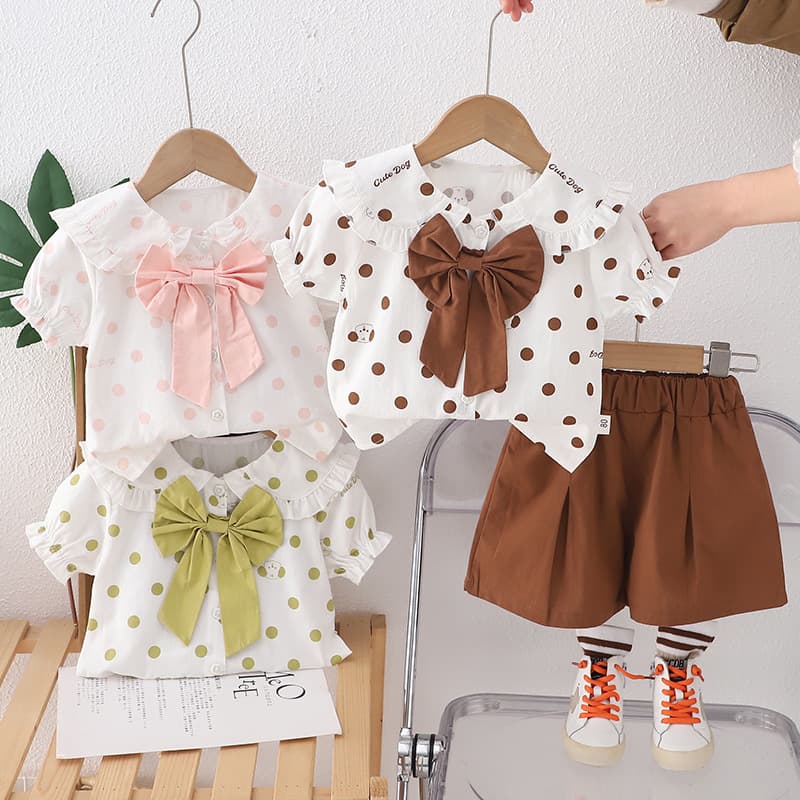 Girls Cotton Summer Outfit 2025 New Summer Style Polka Dot Large Bow Short Sleeve Two-Piece Set Children's Clothing