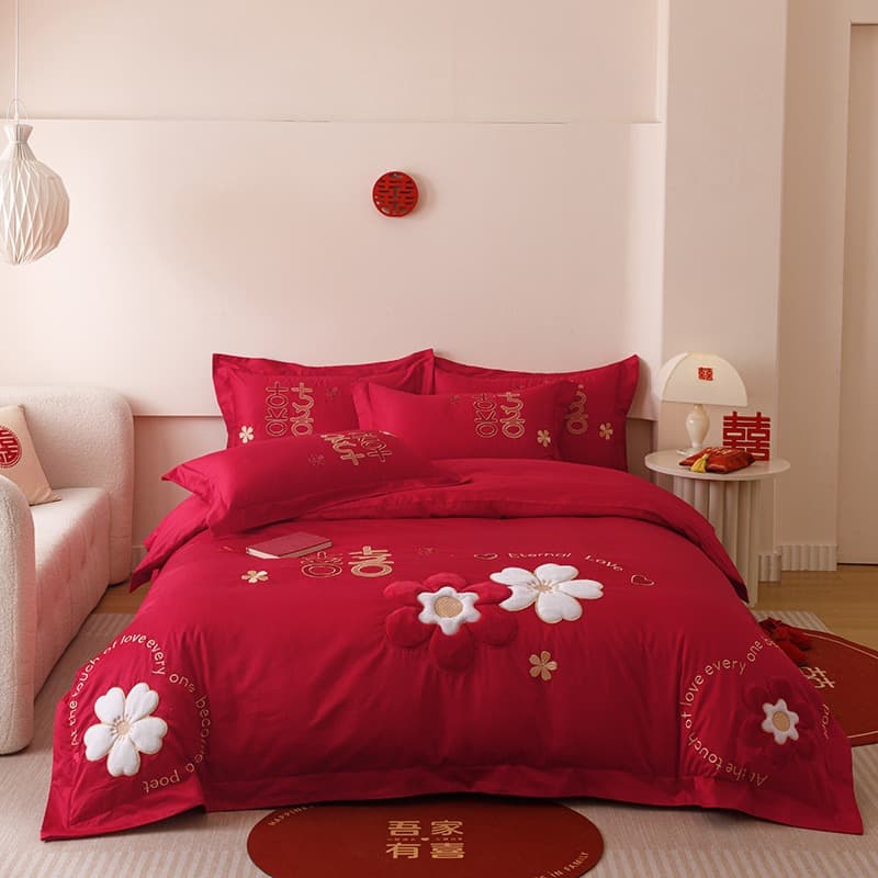 New Chinese style wedding four-piece set embroidered festive wedding red wedding sheets quilt cover wedding dowry bedding