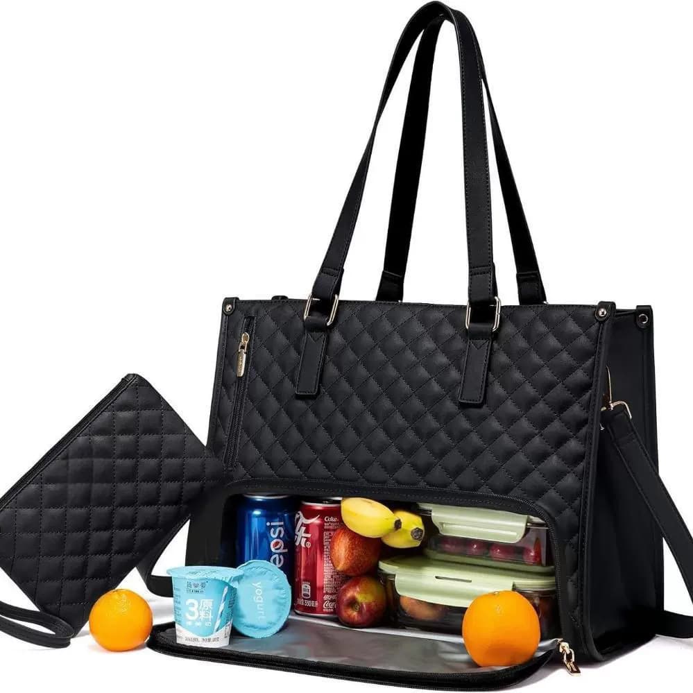 New Cross-Border 2-in-1 Bento Bag Handbag Laptop Large Capacity PU Diamond Quilted Crossbody Lunch Shoulder Bag