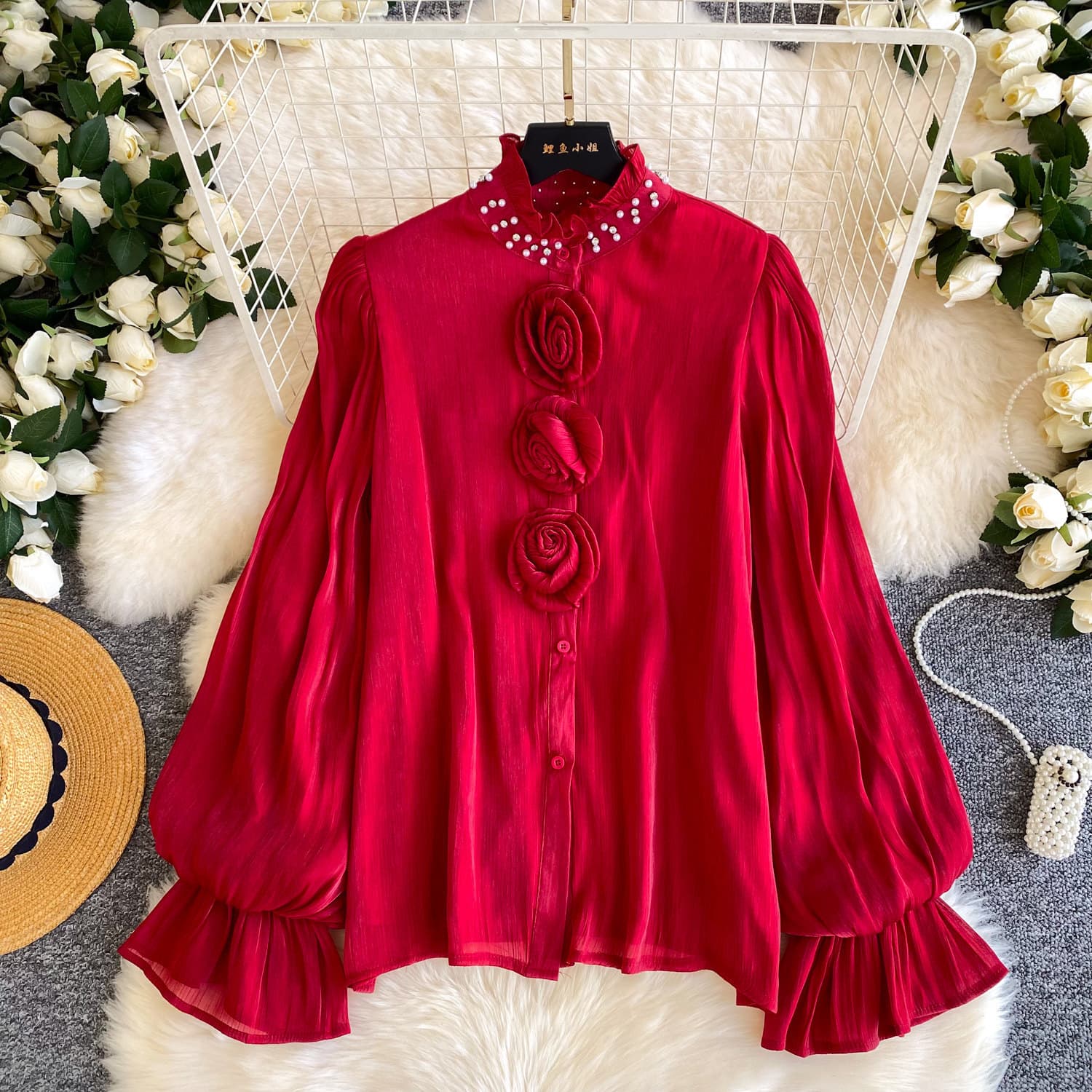 French-Style 3D Floral Long-Sleeve Blouse for Women, Korean Lazy Loose-Fitting Slimming Red Design Top