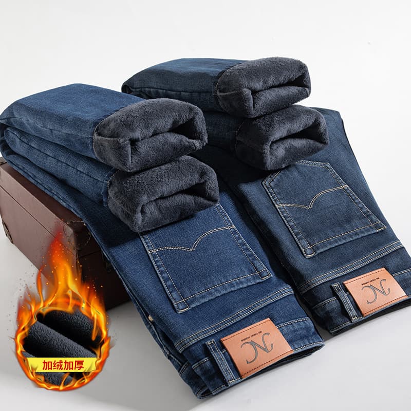 Fleece-Lined Thick Winter Jeans for Men, One-Piece Fleece Slim Straight-Leg Warm Mid-Rise Casual Long Pants, Model JR561