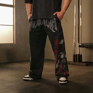 YOUNGLA 2026 New American Style Sports Pants Gym Bodybuilding Running Training Pants Cotton Printed Wide Leg Long Pants