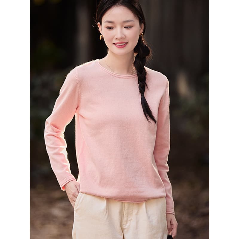 GJCP 100% Cotton Soft Comfortable Rolled Hem Round Neck Knit Sweater, Artistic Versatile Base Layer Slimming Top for Women