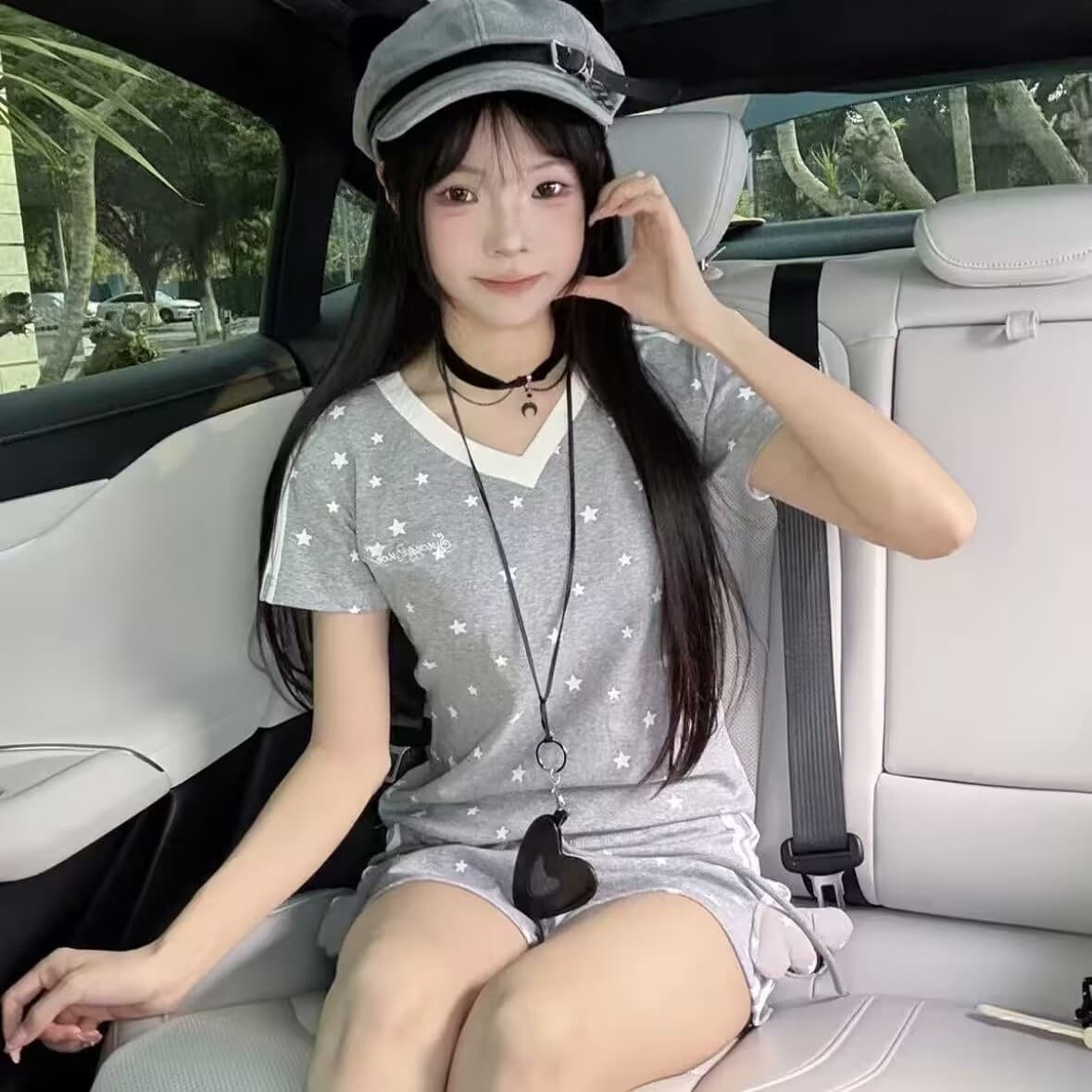 Full Print Star V-Neck Short Sleeve T-Shirt Set for Women Summer Slim Fit Short Top Shorts Two-Piece Set