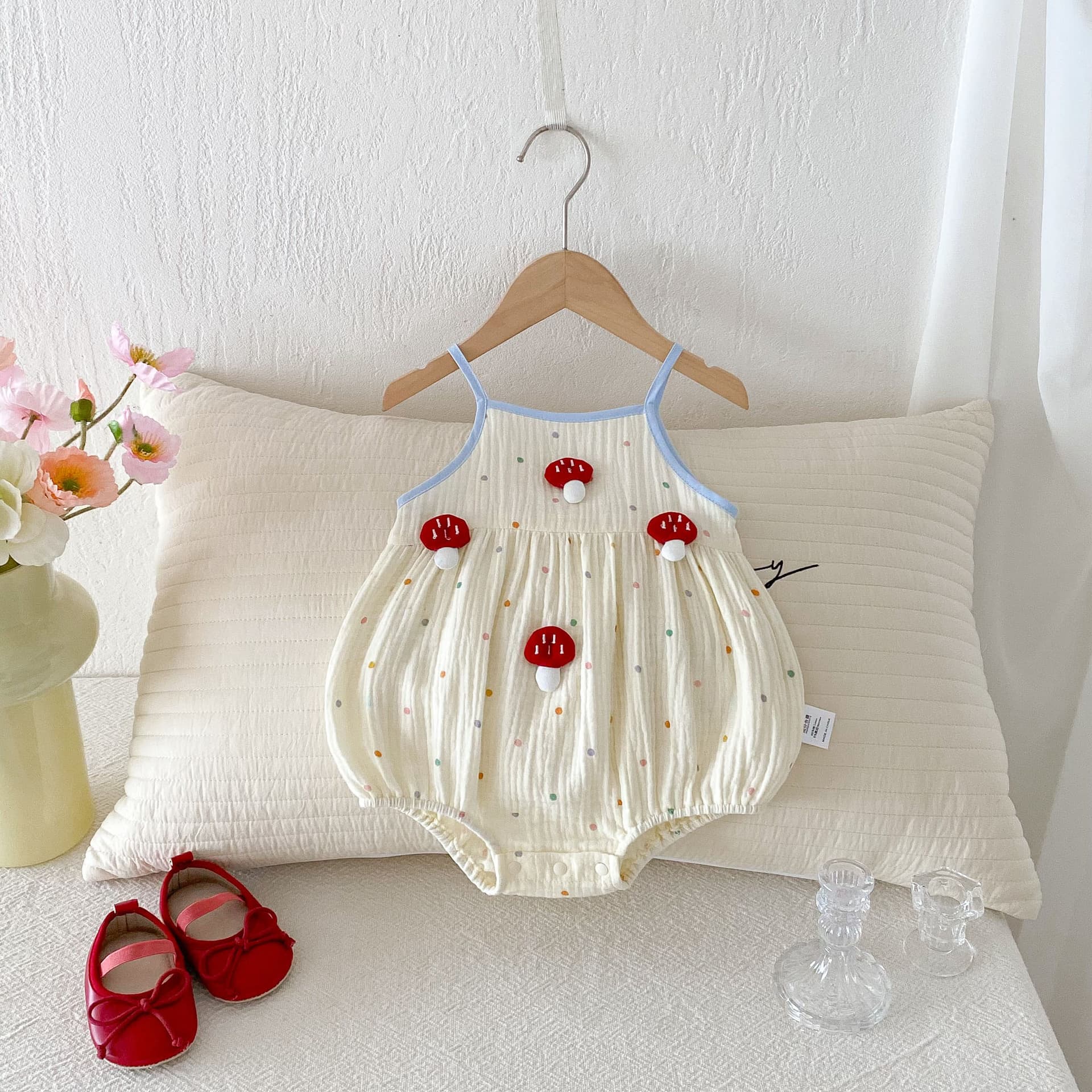 Summer new baby clothes sling bag fart clothes cute polka dot mushroom baby girl onesie thin section a type cotton
