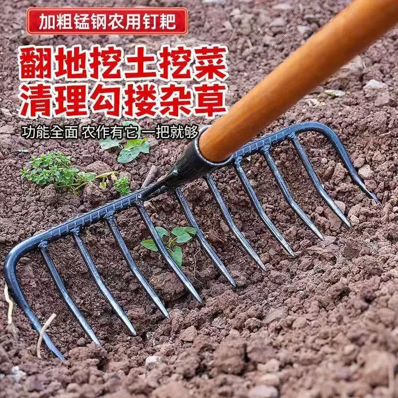 Agricultural Iron Rake Multi-Tooth Rake for Soil Turning, Grass Raking, Garden Loosening, Farm Tool Factory Wholesale