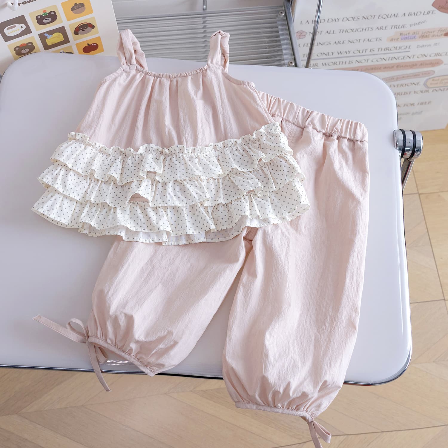 2026 New Girls Suspender Suit Summer Baby Style Wave Dot Lace Suspender Anti-mosquito Pants Two-piece Set for Children