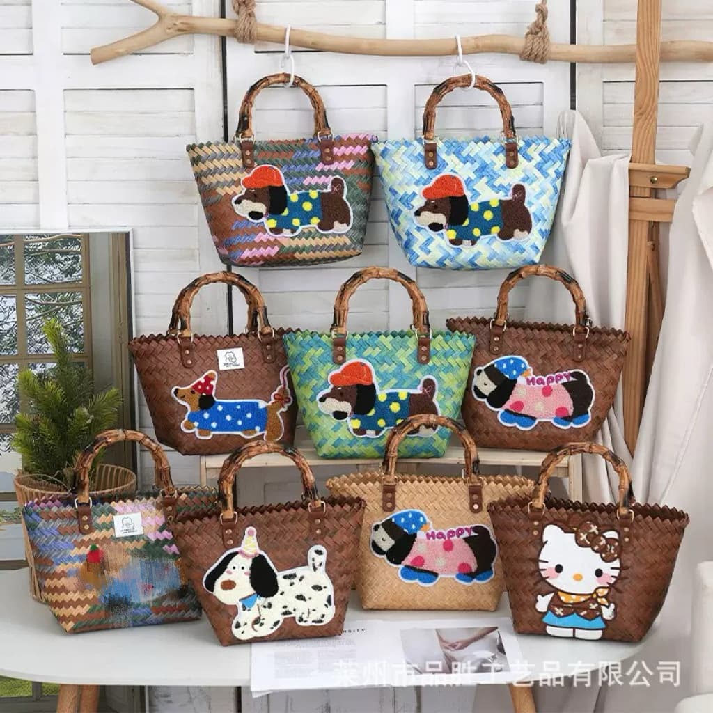 Vintage Striped Dachshund Hand-Woven Dopamine Tote Bag Versatile Commuter Women's Handbag Beach Bag