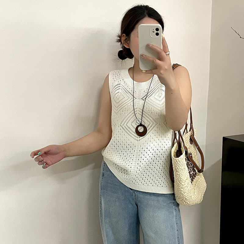 Plus Size Women's Design Hollow Knit Vest 2026 Summer Fat mm Outerwear Innerwear Sleeveless Top 23811