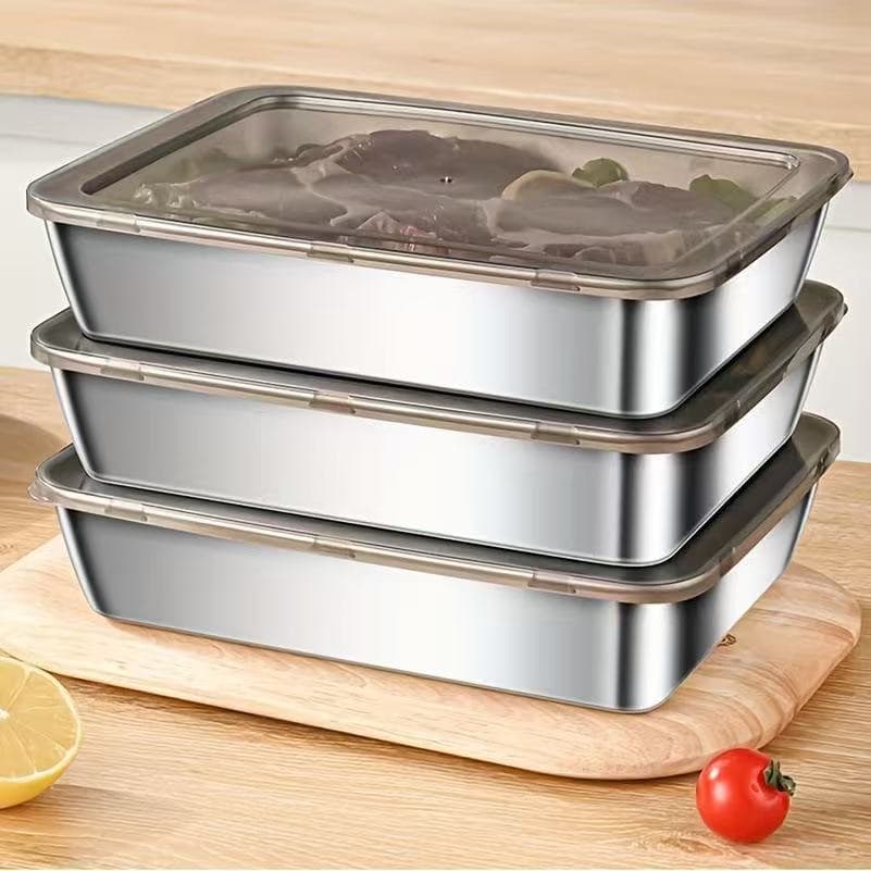 Cross-border Supply Stainless Steel Square Pan with Lid Rectangular Box Kitchen Prep Tray Household Flat Bottom Tray