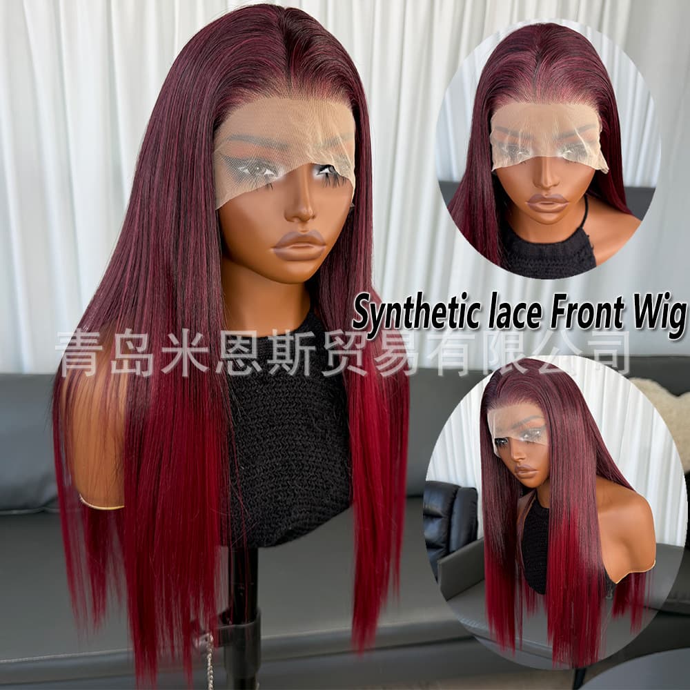 New European and American Wig Burgundy Gradient Long Straight Hair Large Front Lace Synthetic Wig Cap Japanese Silk