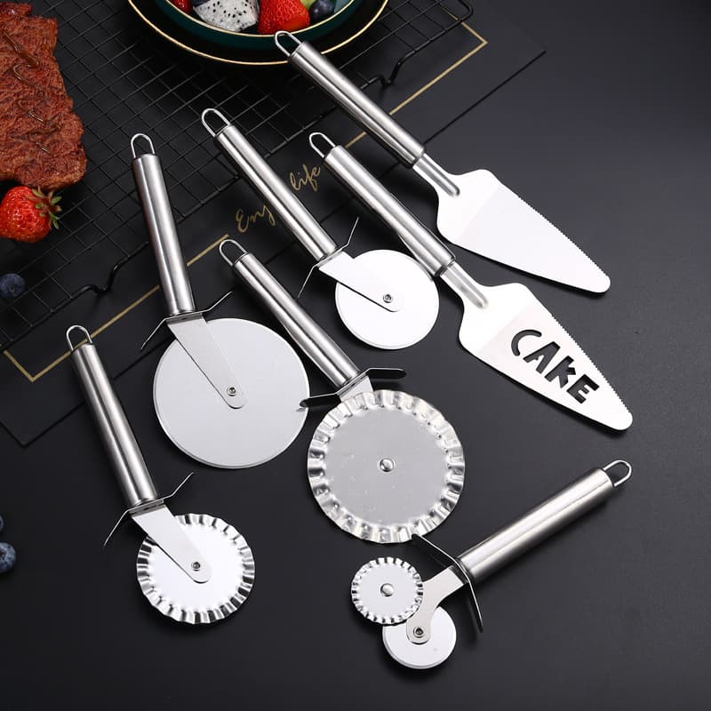 Creative Kitchen Baking Tool Stainless Steel Single Wheel Pizza Cutter Round Tube Handle Double Wheel Fluted Pizza Wheel Knife