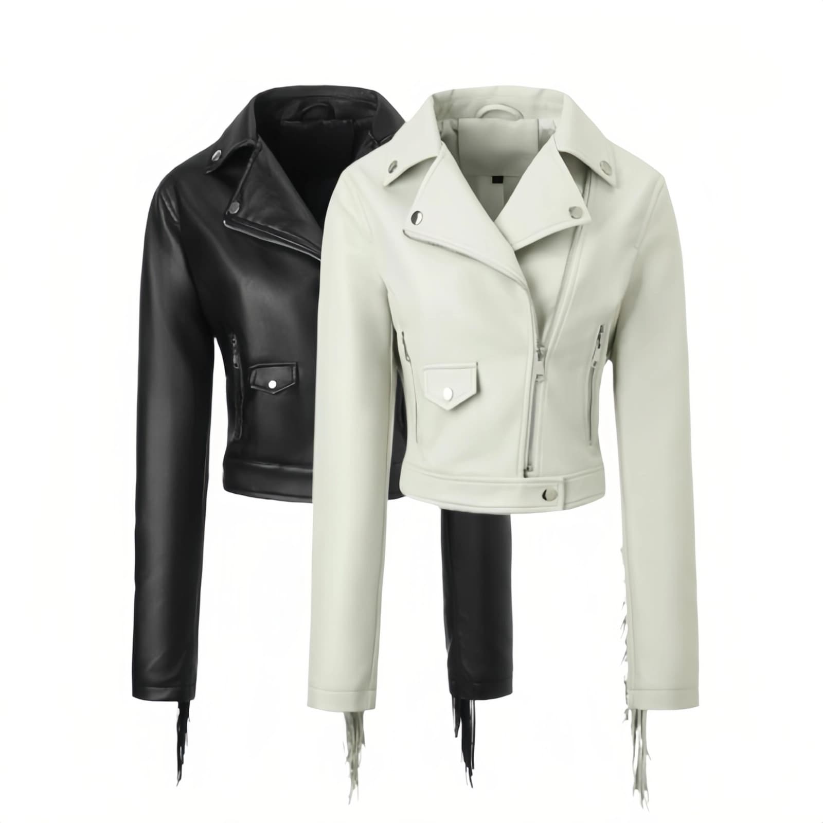 Plus Size PU Leather Jacket with Notched Collar and Fringe Trim Slim Fit Motorcycle Jacket White Fringe Biker Jacket Cross-Border