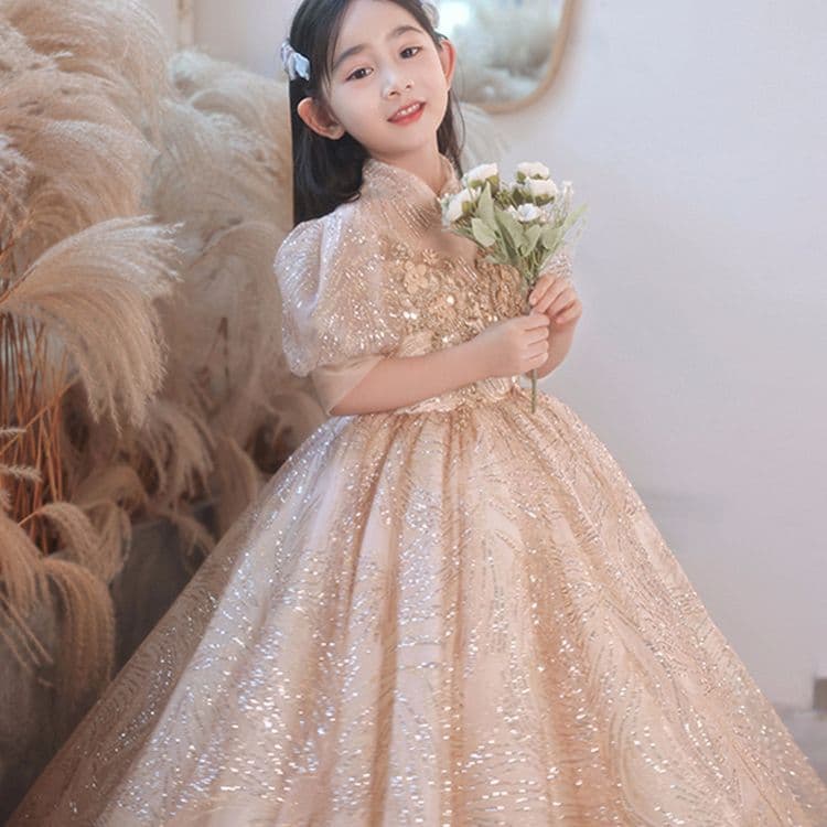 Girls Princess Dress 2026 New Style Champagne Color Little Girl Student Host Piano Performance Costume Heavy Craftsmanship