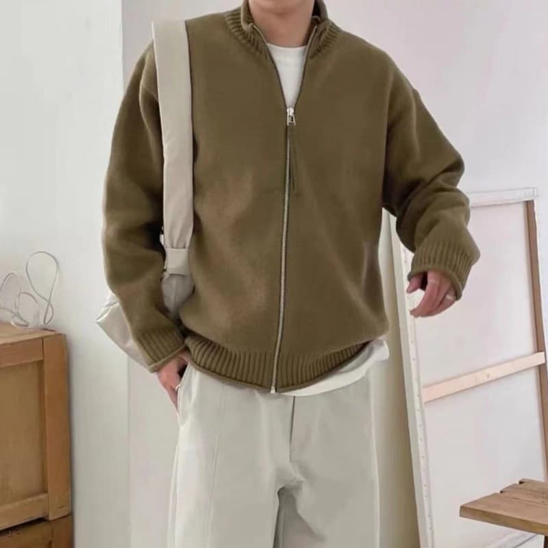 Stand collar knitted cardigan jacket for men and women in spring, autumn and winter 2026 new style lazy style outer wear loose casual sweater trend