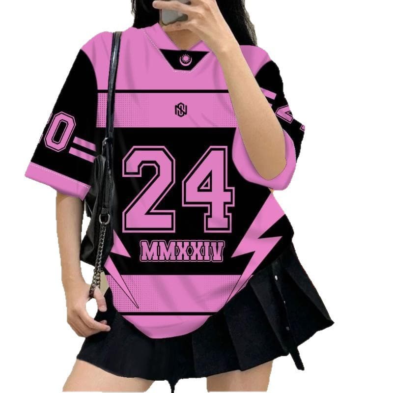 Popular cross-border American sports style hot girl jersey street loose casual collar short-sleeved shirt top factory straight hair