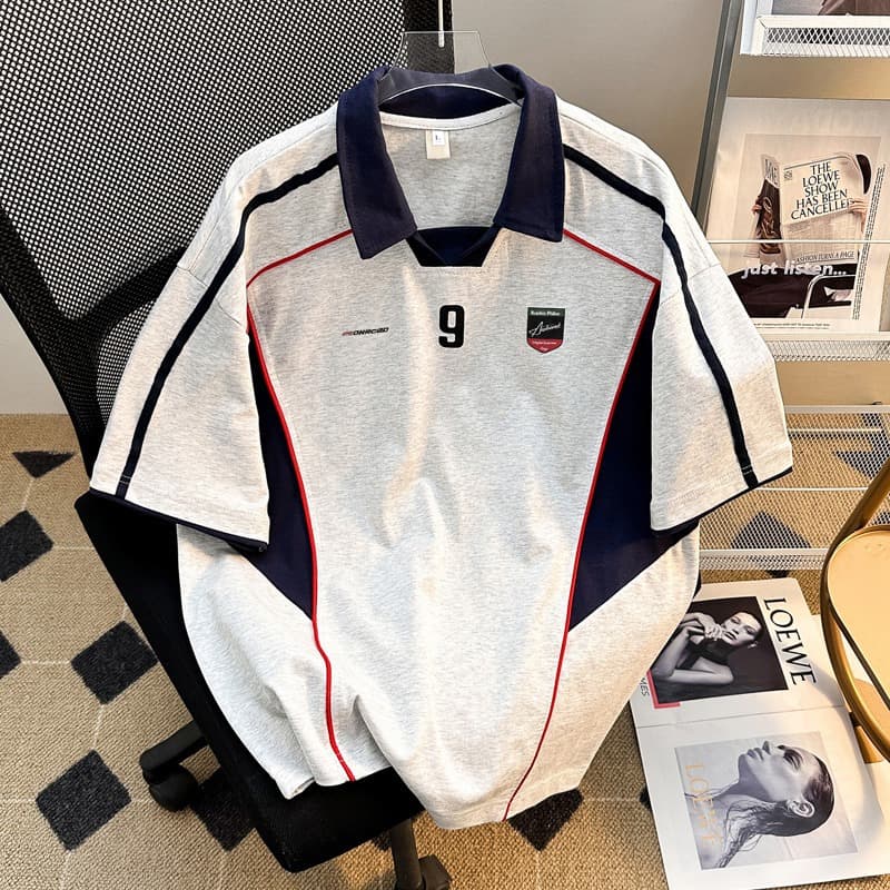 Color-blocked Men's Polo Shirt, Summer American Streetwear Striped Bad Boy Motorcycle Racing Jacket, Loose Casual Short Sleeves
